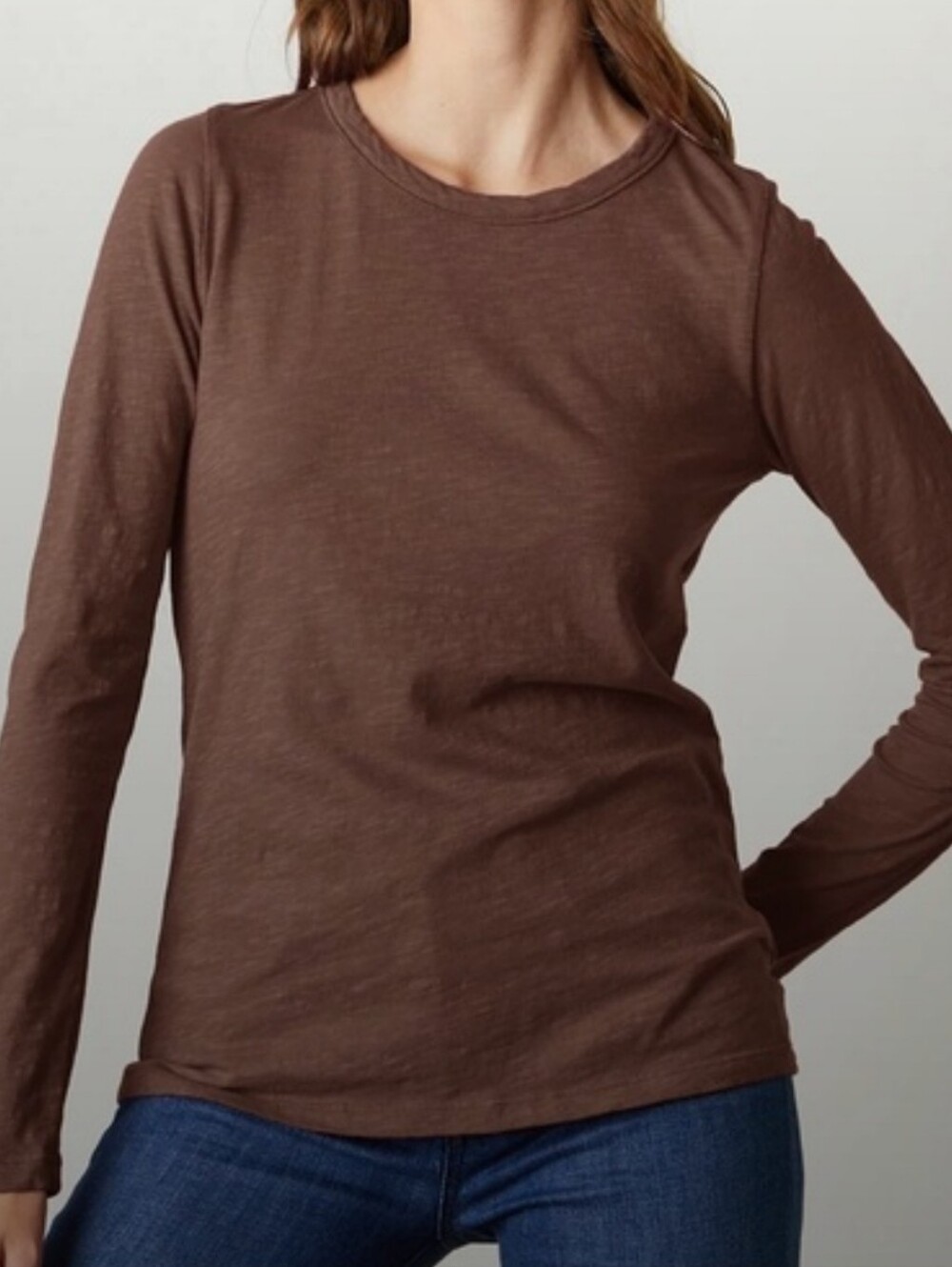 Velvet by Graham & Spencer Lizzie Slub Round Neck Chocolate Long Sleeve Top XL